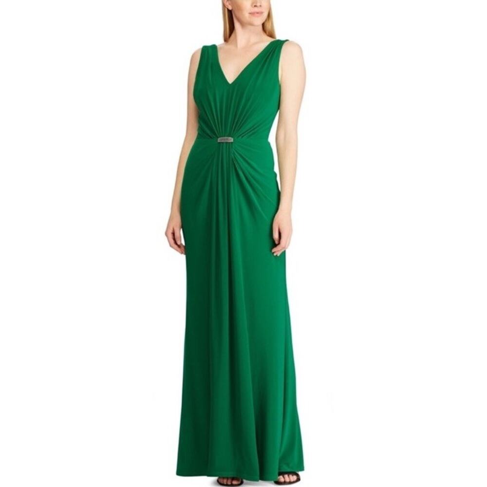 $190 Lauren Ralph Lauren Green Vawlisa Embellished Long Evening Dress Sz 10 NWT